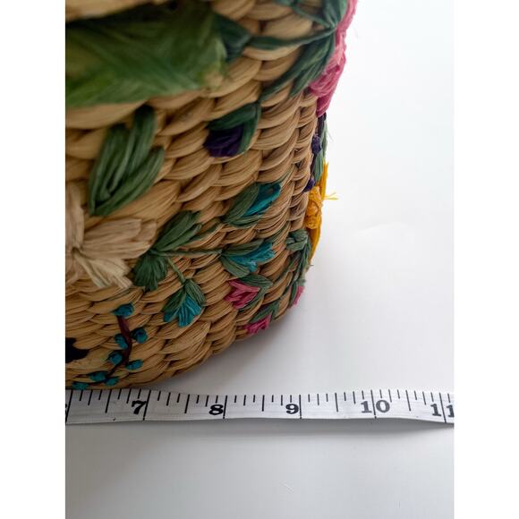 Vintage Straw Basket Top Handle Bag with Colorful Florals - Picture 12 of 16
